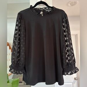 Adrianna Papell Black Blouse with Sheer Patterned Sleeves